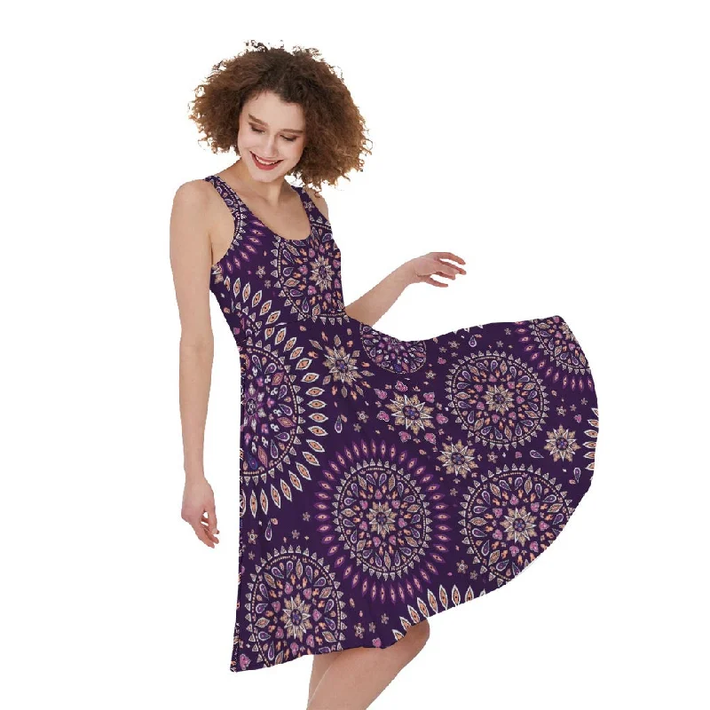 Purple Bohemian Mandala Pattern Print Sleeveless Knee Length Dress Casual Short Summer Purple Bohemian Mandala Pattern Print Sleeveless Knee Length Dress Casual Short Summer