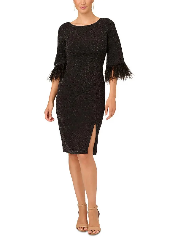 Womens Metallic Feather Trim Cocktail And Party Dress A-Line Day Work