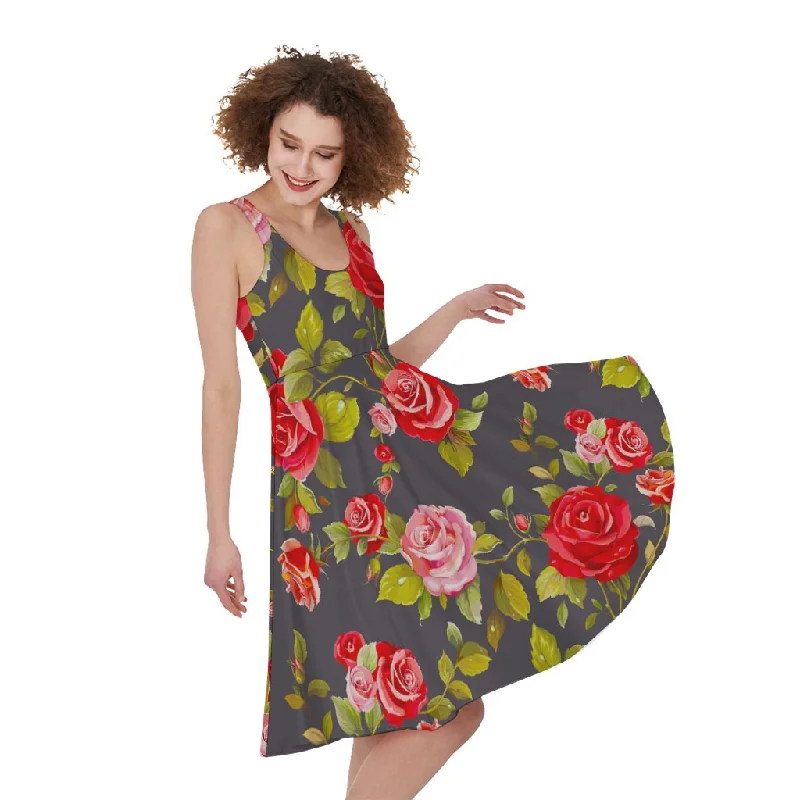 Pink Red Rose Floral Pattern Print Sleeveless Knee Length Dress Tunics Bridal satin