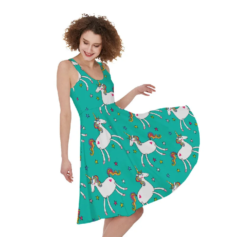 Doodle Unicorn Pattern Print Sleeveless Knee Length Dress Tunics Mesh breathable