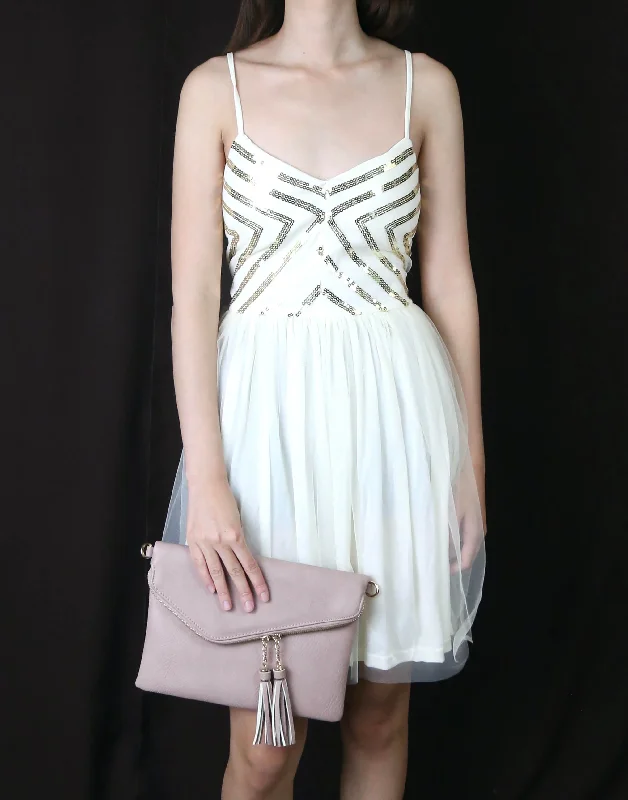 Final Sale - Chevron Sequin Darling Party Dress with Tulle Skirt in Cream Bodycon Fitted Nightout Final Sale - Chevron Sequin Darling Party Dress with Tulle Skirt in Cream Bodycon Fitted Nightout