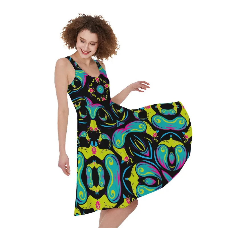 Ornament Psychedelic Trippy Print Sleeveless Knee Length Dress Tunics Velvet soft