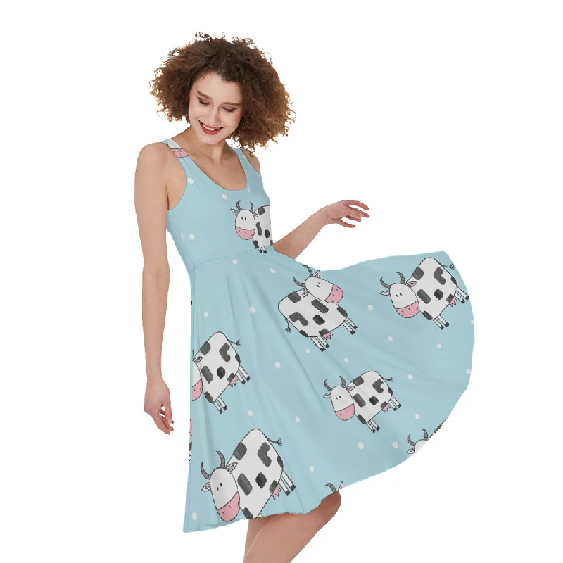 Doodle Cow Pattern Print Sleeveless Knee Length Dress Tunics Velvet soft