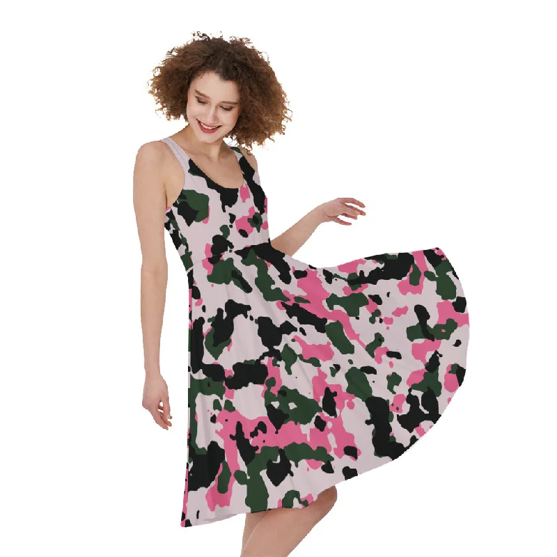 Pink Green And Black Camouflage Print Sleeveless Knee Length Dress Tunics Review highly Pink Green And Black Camouflage Print Sleeveless Knee Length Dress Tunics Review highly