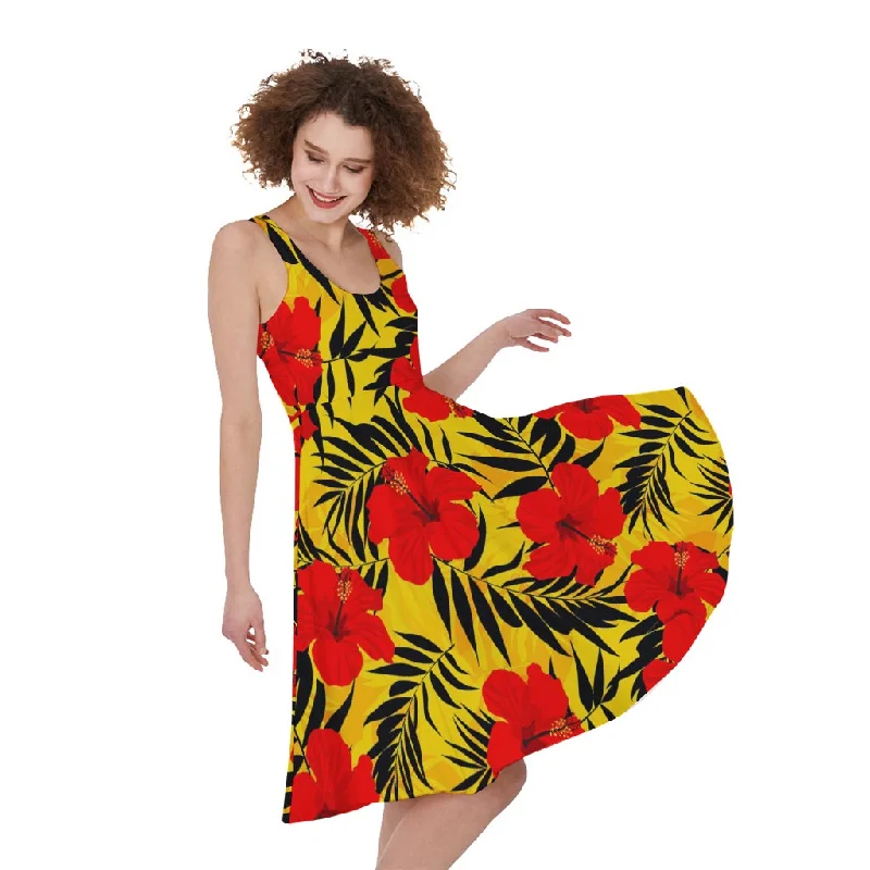 Hawaiian Hibiscus Flowers Pattern Print Sleeveless Knee Length Dress Tunics Stylish elegant Hawaiian Hibiscus Flowers Pattern Print Sleeveless Knee Length Dress Tunics Stylish elegant