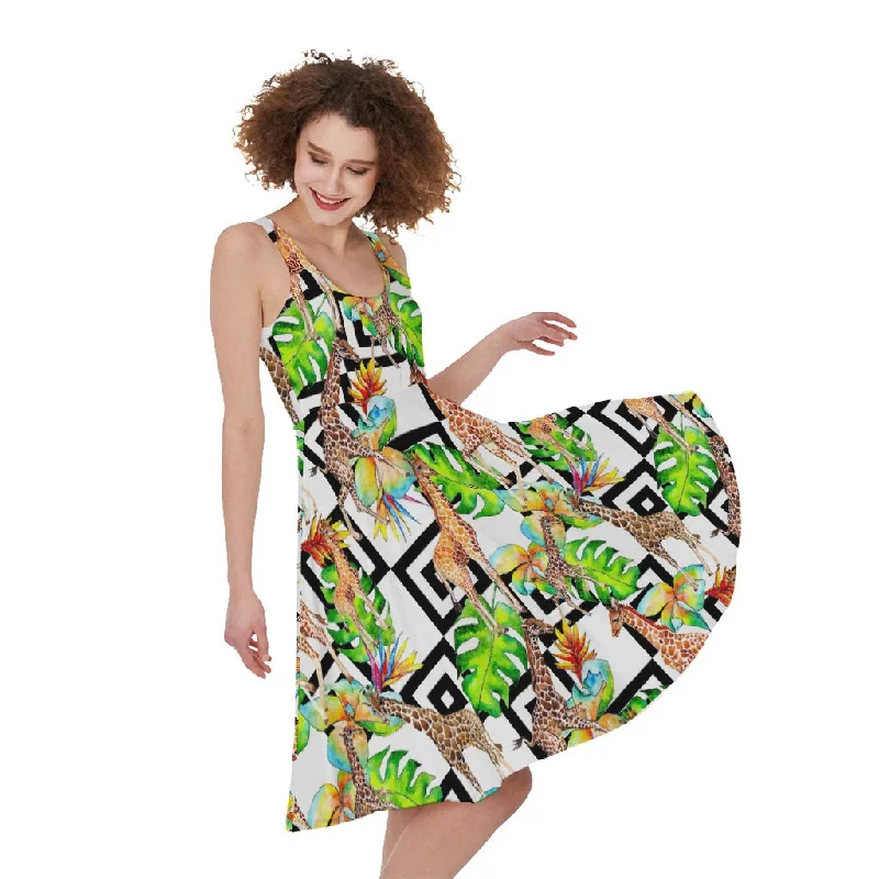 Exotic Tropical Giraffe Pattern Print Sleeveless Knee Length Dress Halter Neckline Beach Exotic Tropical Giraffe Pattern Print Sleeveless Knee Length Dress Halter Neckline Beach