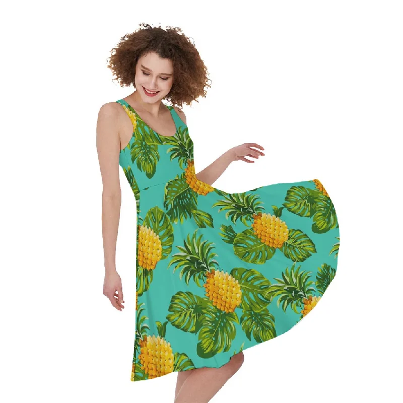 Palm Leaf Pineapple Pattern Print Sleeveless Knee Length Dress Tunics Plaid country