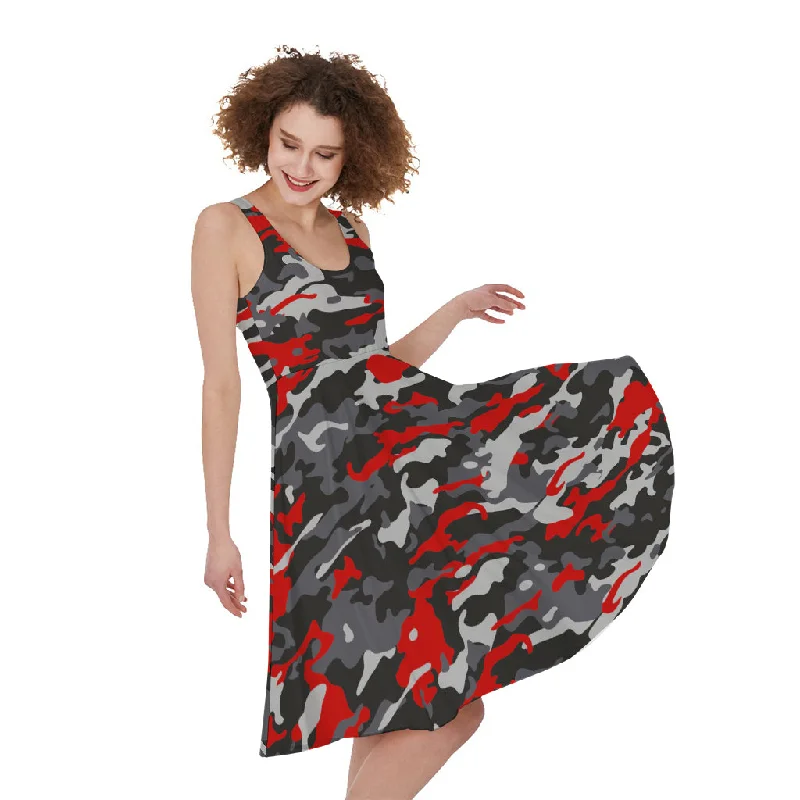 Orange Black And Grey Camouflage Print Sleeveless Knee Length Dress Tunics Yoga stretchy Orange Black And Grey Camouflage Print Sleeveless Knee Length Dress Tunics Yoga stretchy