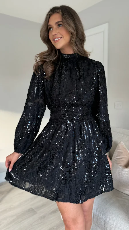 Merla Black Sequin High Neck Belted Mini Dress Comfortable Bodycon Mini Dress