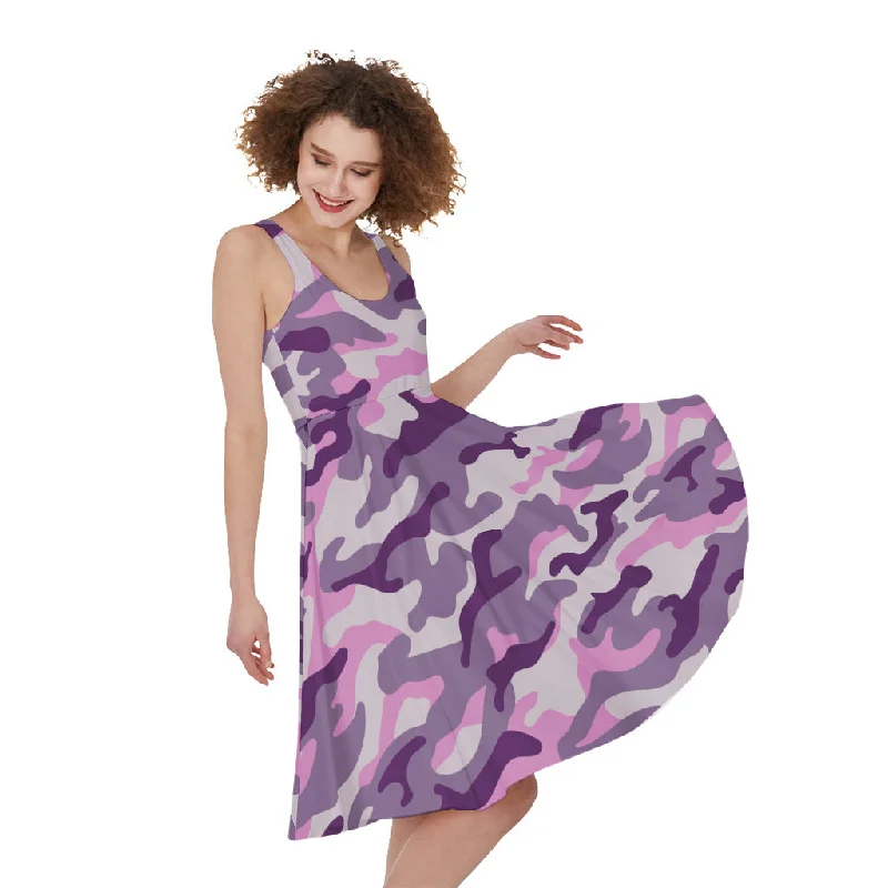 Pink Purple And Grey Camouflage Print Sleeveless Knee Length Dress Tunics Seasonal trendy Pink Purple And Grey Camouflage Print Sleeveless Knee Length Dress Tunics Seasonal trendy