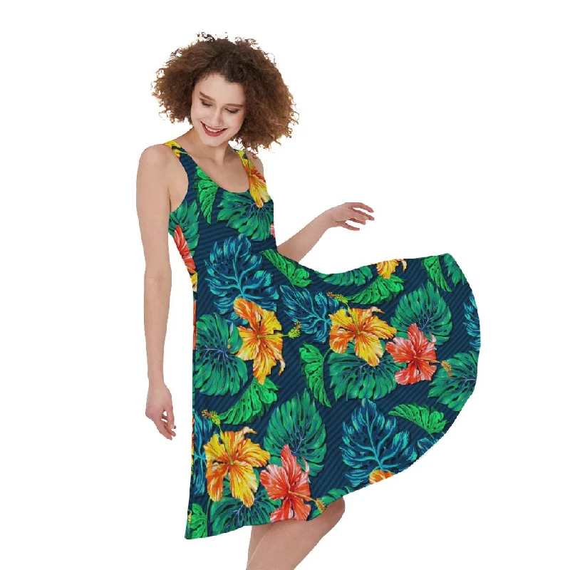 Hibiscus Monstera Hawaii Pattern Print Sleeveless Knee Length Dress Tunics Winter warm Hibiscus Monstera Hawaii Pattern Print Sleeveless Knee Length Dress Tunics Winter warm