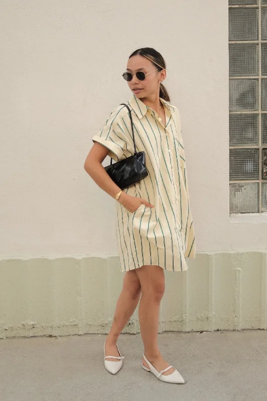 Winter Green Striped Cotton Buttoned Mini Dress Cozy Ribbed Mini Dress