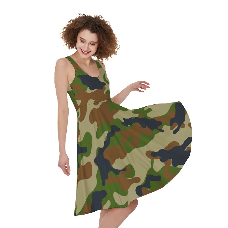 Military Green Camouflage Print Sleeveless Knee Length Dress Tunics Luxurious high-end Military Green Camouflage Print Sleeveless Knee Length Dress Tunics Luxurious high-end