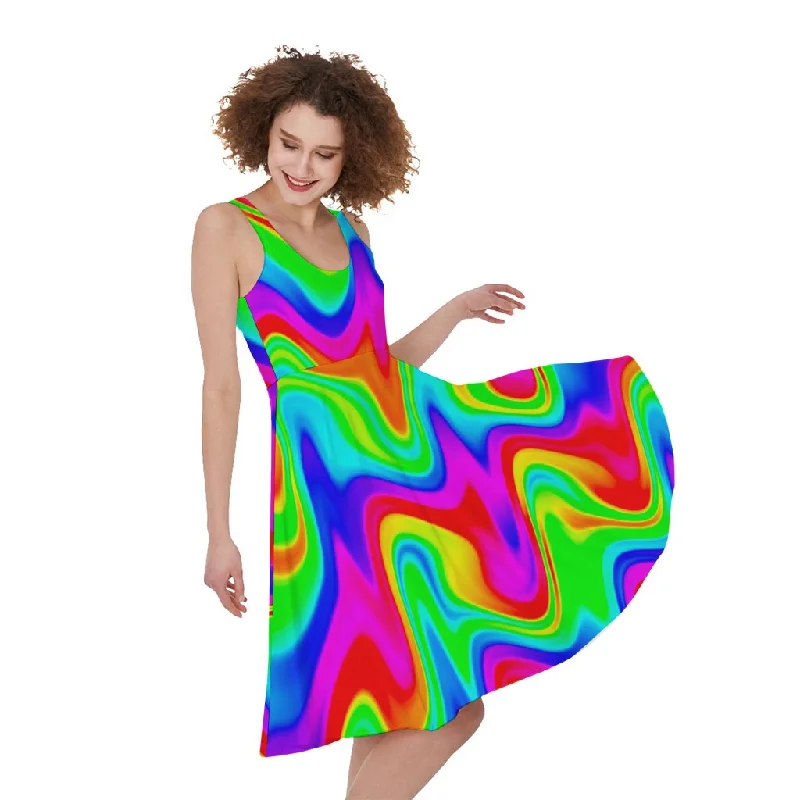 Psychedelic Rainbow Trippy Print Sleeveless Knee Length Dress Turtleneck Warm Winter Psychedelic Rainbow Trippy Print Sleeveless Knee Length Dress Turtleneck Warm Winter