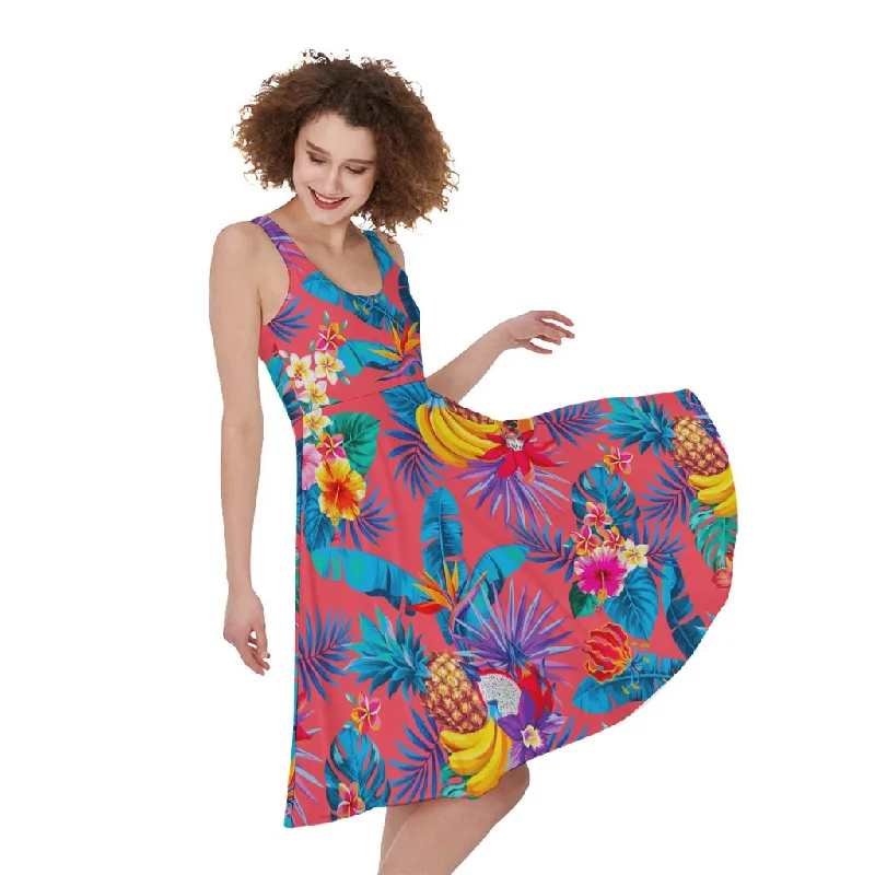 Pink Hawaiian Fruits Pattern Print Sleeveless Knee Length Dress Tunics New arrival