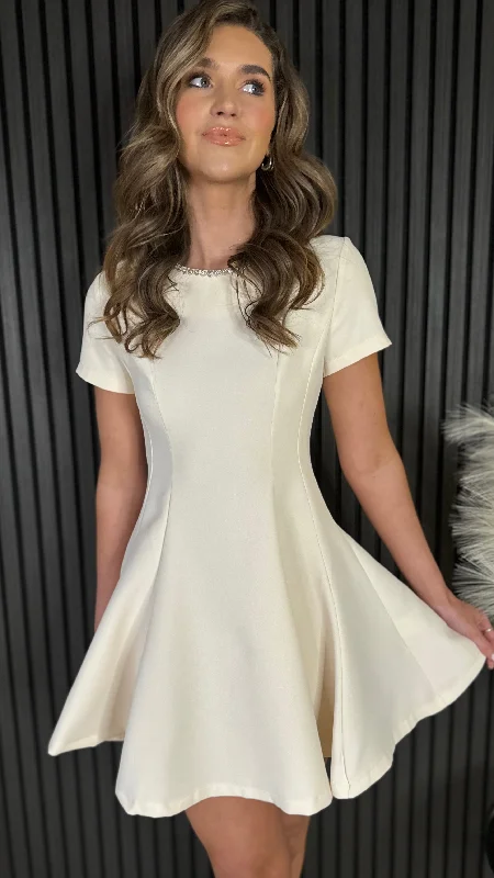 Kitty Beige Embellished Neckline Skater Mini Dress Cozy Wraparound Mini Dress