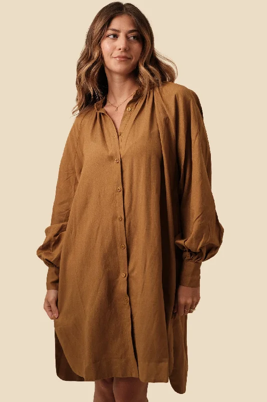FRNCH Carene Linen Buttoned Mini Dress (Brown) S Trendy Floral Mini Dress