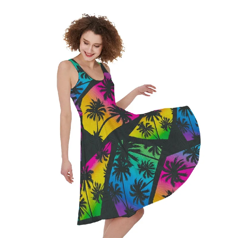 EDM Beach Palm Tree Pattern Print Sleeveless Knee Length Dress Tunics Lace romantic