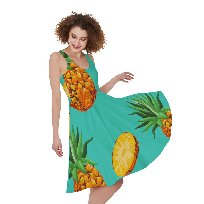 Pastel Turquoise Pineapple Pattern Print Sleeveless Knee Length Dress Tunics Sophisticated sleek Pastel Turquoise Pineapple Pattern Print Sleeveless Knee Length Dress Tunics Sophisticated sleek