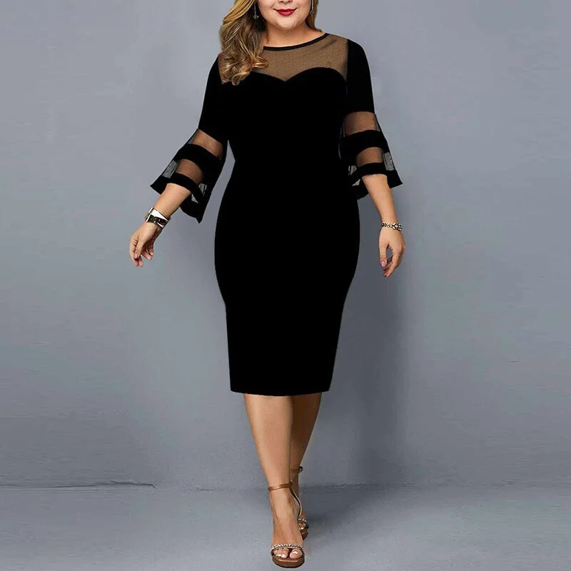 BerriesJam - Mesh Three Quater Sleeve Elegant Midi Evening Party Dress Tunics Business professional BerriesJam - Mesh Three Quater Sleeve Elegant Midi Evening Party Dress Tunics Business professional