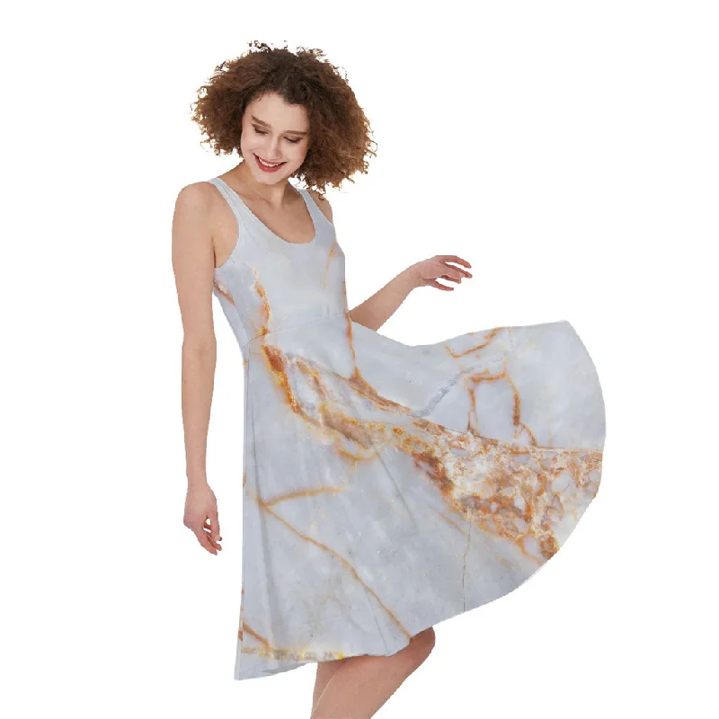 Grey Bronze Marble Print Sleeveless Knee Length Dress empire Waist empire
