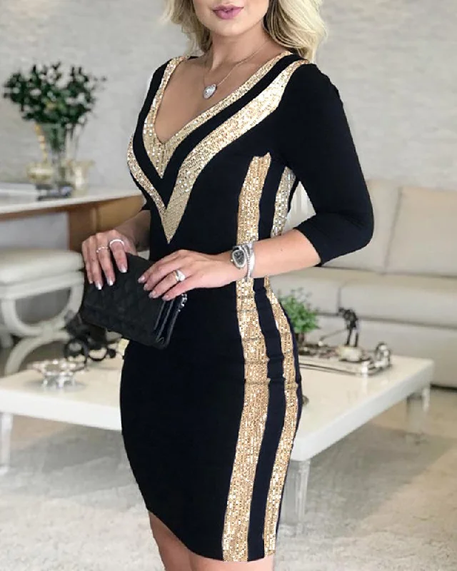 Sequins Colorblock Long Sleeve Dress Women Sexy Bodycon Party Dress Crew Neckline Sporty
