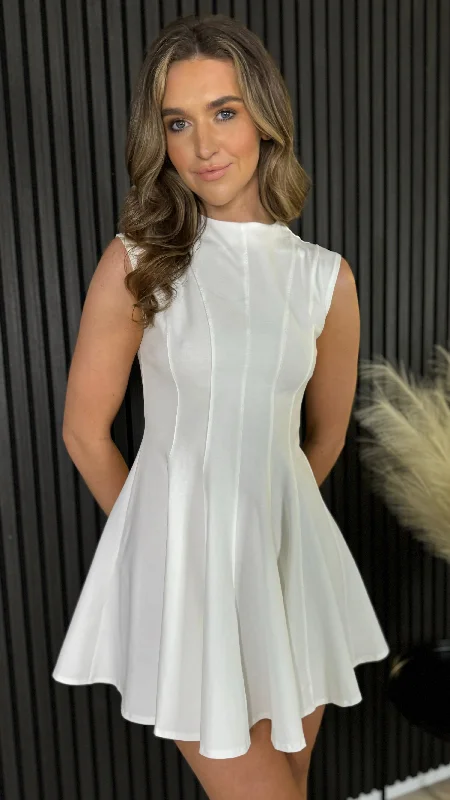 Andie White High Neck Skater Mini Dress Trendy Mini Dress with Belt