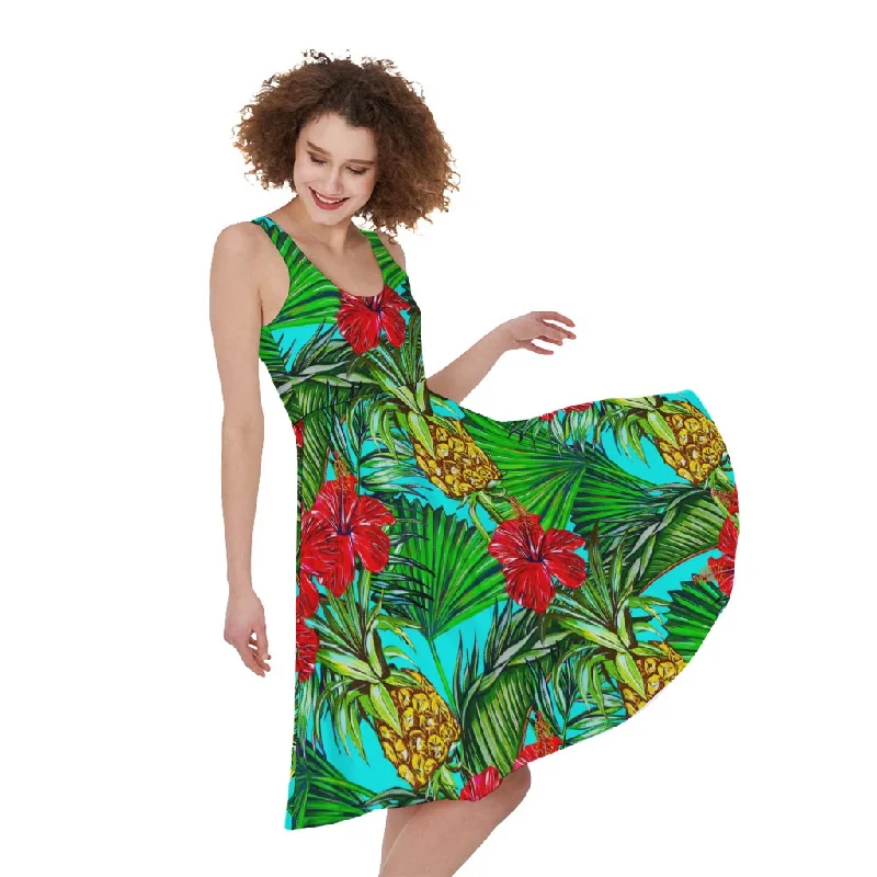 Pineapple Hibiscus Hawaii Pattern Print Sleeveless Knee Length Dress Tunics Chic elegant Pineapple Hibiscus Hawaii Pattern Print Sleeveless Knee Length Dress Tunics Chic elegant