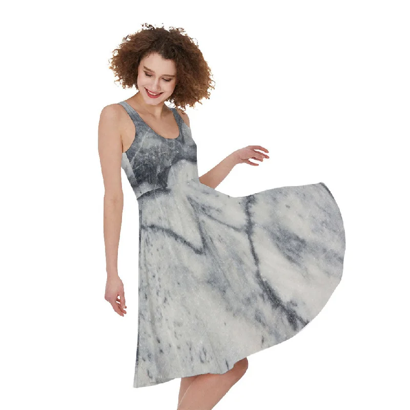 Dark Grey White Marble Print Sleeveless Knee Length Dress Tunics New arrival