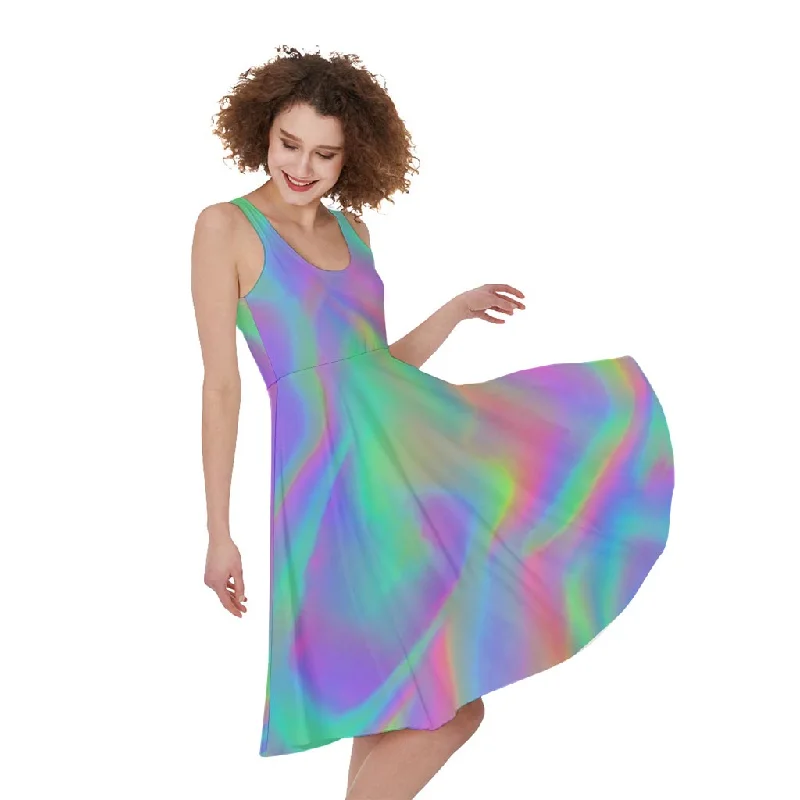 Psychedelic Holographic Trippy Print Sleeveless Knee Length Dress Tunics Solid Classic Psychedelic Holographic Trippy Print Sleeveless Knee Length Dress Tunics Solid Classic