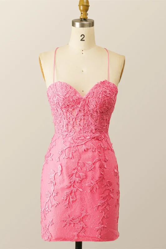 Hot Pink Lace Bodycon Mini Dress Stylish Puff Sleeve Mini Dress