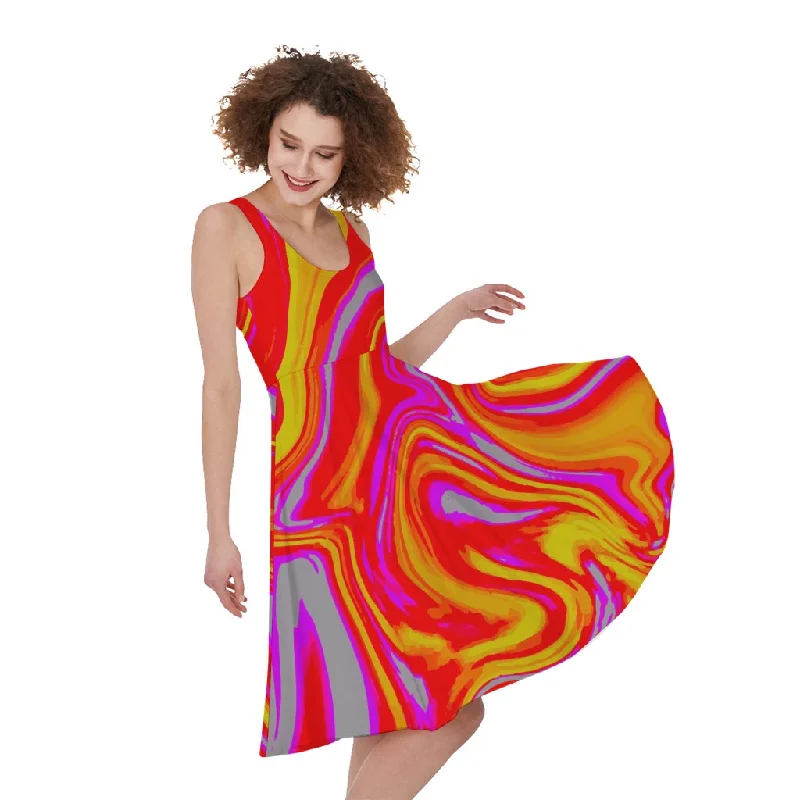 Orange Psychedelic Liquid Trippy Print Sleeveless Knee Length Dress Tunics Fleece cozy Orange Psychedelic Liquid Trippy Print Sleeveless Knee Length Dress Tunics Fleece cozy