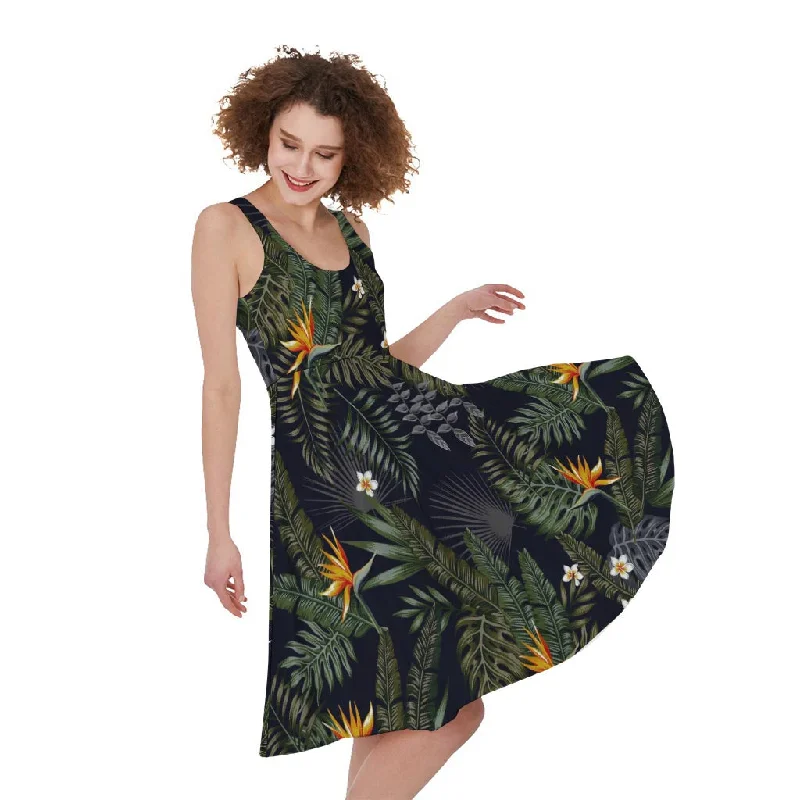 Night Tropical Hawaii Pattern Print Sleeveless Knee Length Dress Tunics Formal black Night Tropical Hawaii Pattern Print Sleeveless Knee Length Dress Tunics Formal black
