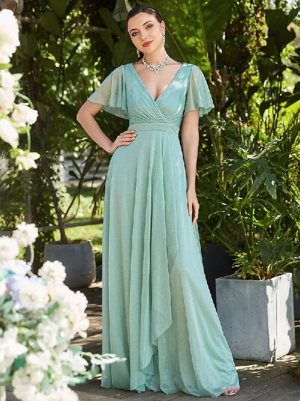 BerriesJam - Long Asymmetrical Short Sleeve V-NecK Ruffles Party Dress Glittery Long Formal BerriesJam - Long Asymmetrical Short Sleeve V-NecK Ruffles Party Dress Glittery Long Formal