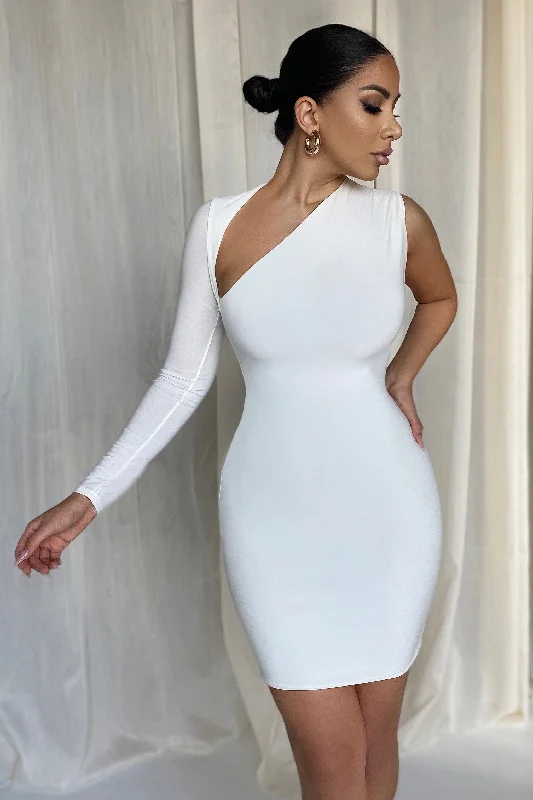 Siren | White One Shoulder Bodycon Mini Dress Elegant Mini Dress with Ruffles