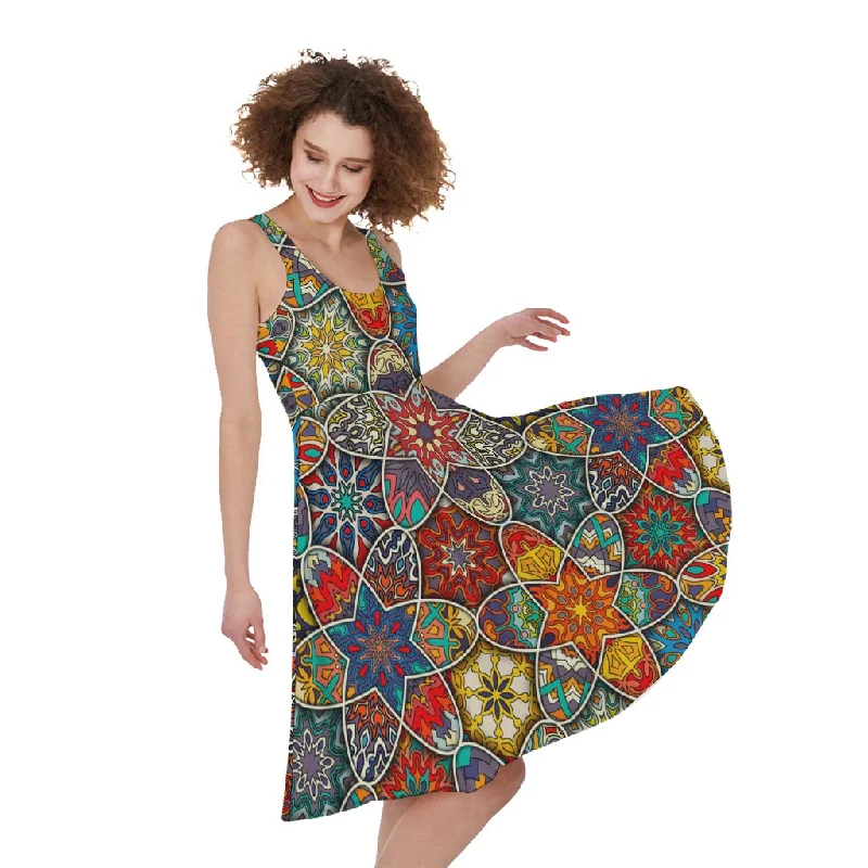 Mandala Star Bohemian Pattern Print Sleeveless Knee Length Dress Shift Classic Vintage Mandala Star Bohemian Pattern Print Sleeveless Knee Length Dress Shift Classic Vintage