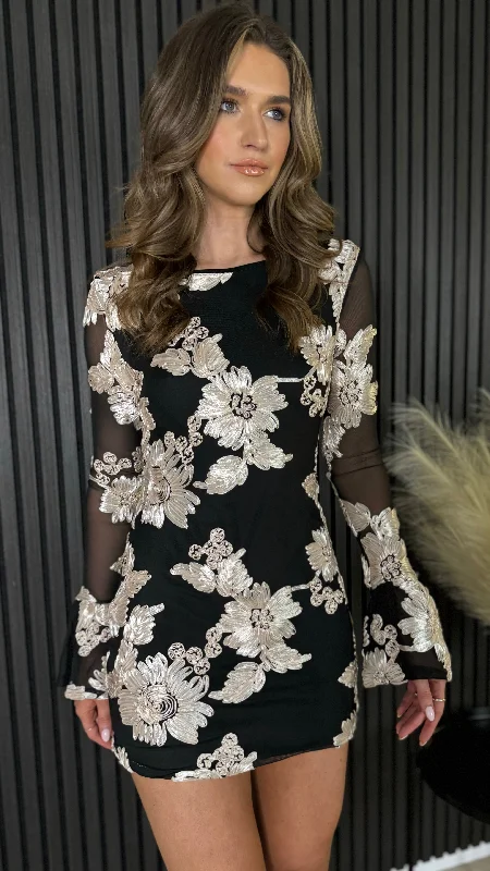 Jocelyn Black & Beige Floral Print Mini Dress Fashionable Summer Mini Dress