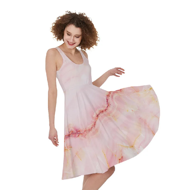 Pink Marble Print Sleeveless Knee Length Dress Tunics Vintage classic
