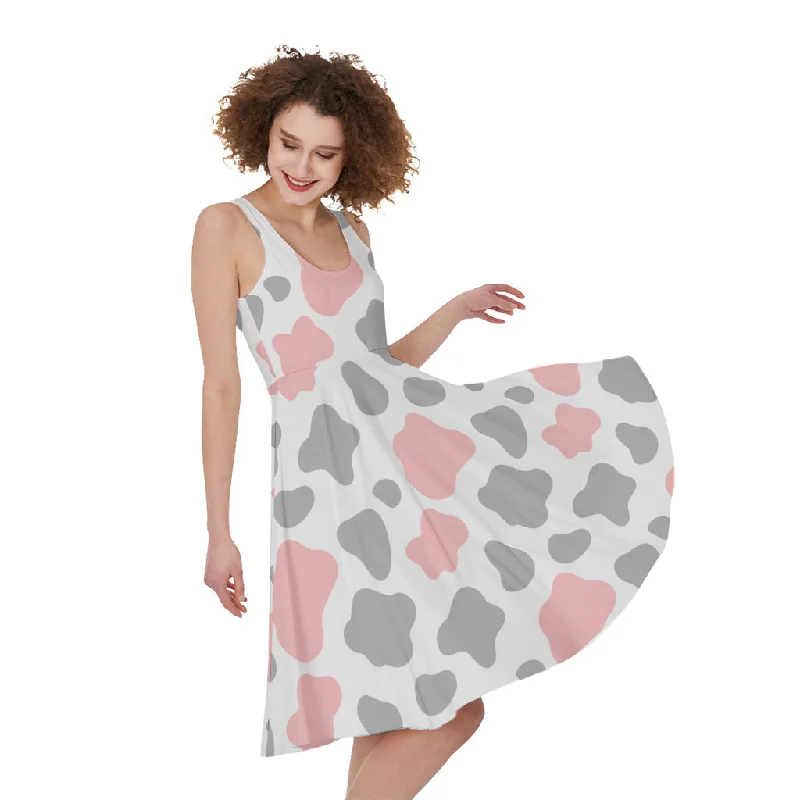 Pink Grey And White Cow Print Sleeveless Knee Length Dress Tunics Top rated