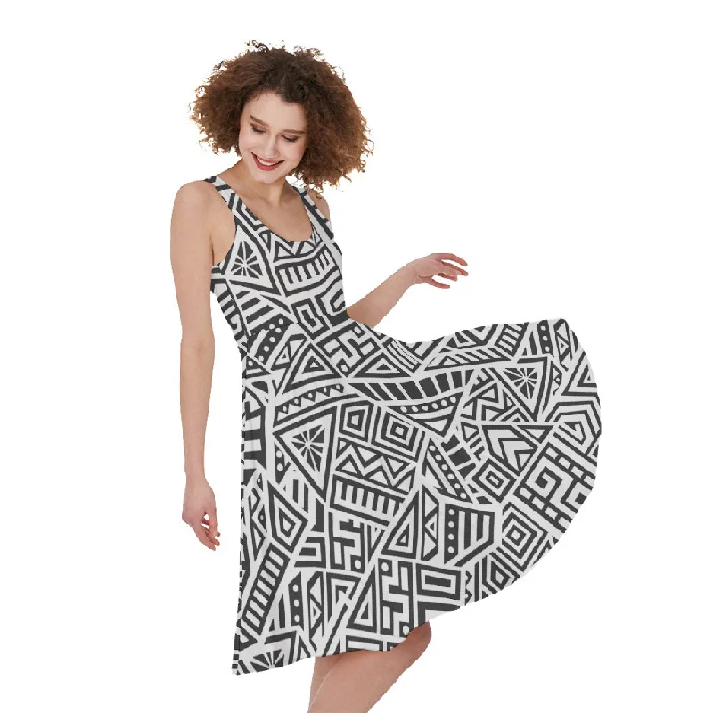 Grey And White Aztec Pattern Print Sleeveless Knee Length Dress Square Neckline Feminine Grey And White Aztec Pattern Print Sleeveless Knee Length Dress Square Neckline Feminine
