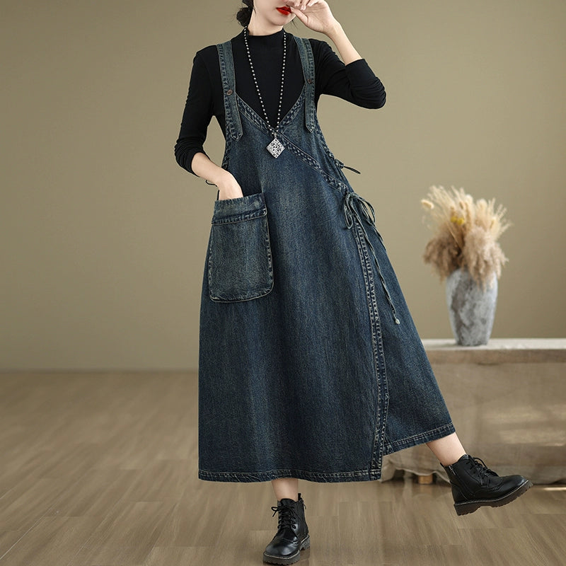 Women Spring Retro Loose Denim Pinafore Dress with Big Pockets Tunics Handmade artisanal Women Spring Retro Loose Denim Pinafore Dress with Big Pockets Tunics Handmade artisanal