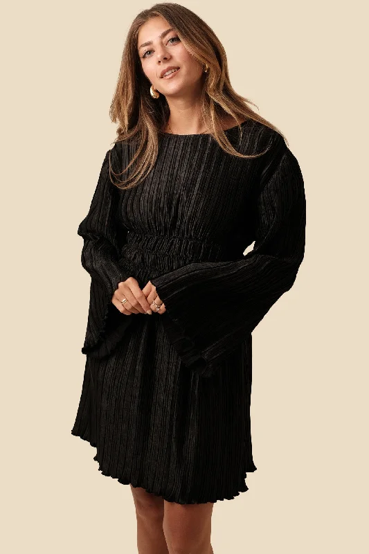 Zuri Black Pleated Flare Sleeve Mini Dress Comfortable One-Shoulder Mini Dress