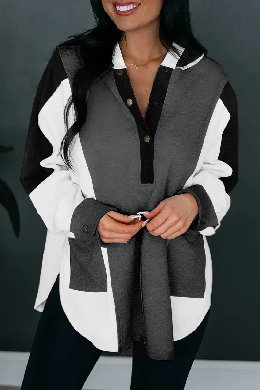 Black Color Block Exposed Seam Buttoned Neckline Hoodie Hoodie with Pastel Soft Subtle Black Color Block Exposed Seam Buttoned Neckline Hoodie Hoodie with Pastel Soft Subtle