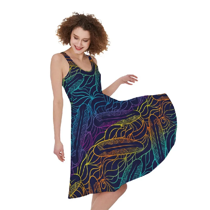 EDM Surfing Wave Pattern Print Sleeveless Knee Length Dress Tunics Polka dots