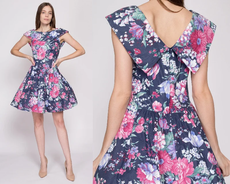 80s Floral Fit & Flare Sailor Collar Party Dress - Petite Medium Off-the-shoulder Chic Trendy 80s Floral Fit & Flare Sailor Collar Party Dress - Petite Medium Off-the-shoulder Chic Trendy
