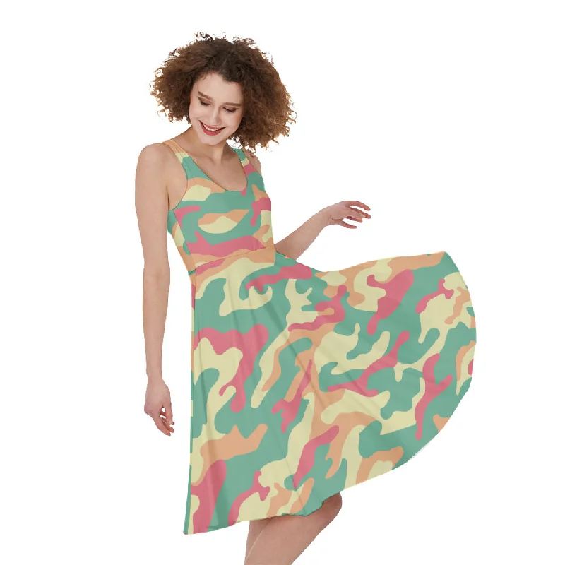 Pastel Camouflage Print Sleeveless Knee Length Dress Crew Neckline Casual