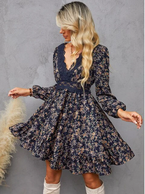 BerriesJam - Floral Lace Sexy V-neck Ruffled Long Sleeve Party Dress Tunics Trousers formal BerriesJam - Floral Lace Sexy V-neck Ruffled Long Sleeve Party Dress Tunics Trousers formal