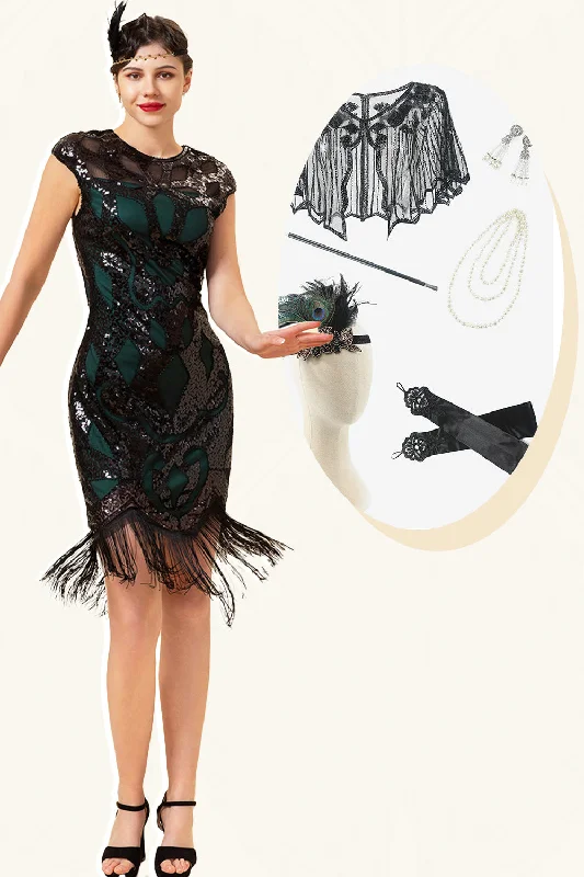 Black and Green Sequined Fringes 1920s Gatsby Flapper Party Dress with 20s Accessories Set Tunics Exclusive limited Black and Green Sequined Fringes 1920s Gatsby Flapper Party Dress with 20s Accessories Set Tunics Exclusive limited