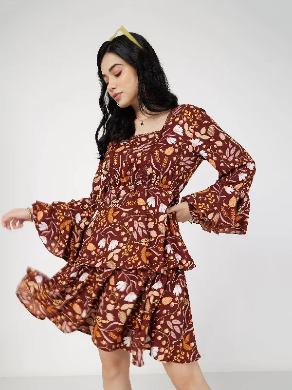 Lyush Women Brown Floral Lace Insert Mini Dress Trendy Button-Detail Mini Dress