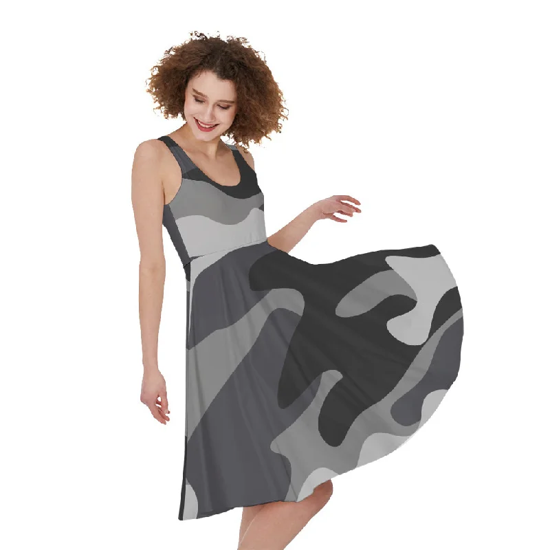 Grey And White Camouflage Print Sleeveless Knee Length Dress Off-the-shoulder Chic Trendy Grey And White Camouflage Print Sleeveless Knee Length Dress Off-the-shoulder Chic Trendy